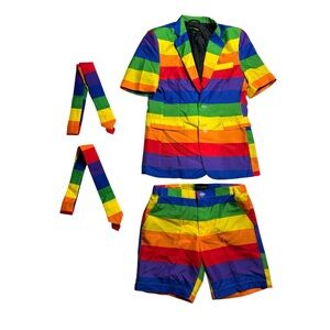Tipsy Elves Happy Hour Rainbow Pride Colorful Striped Men's Blazer & Shorts Sz M